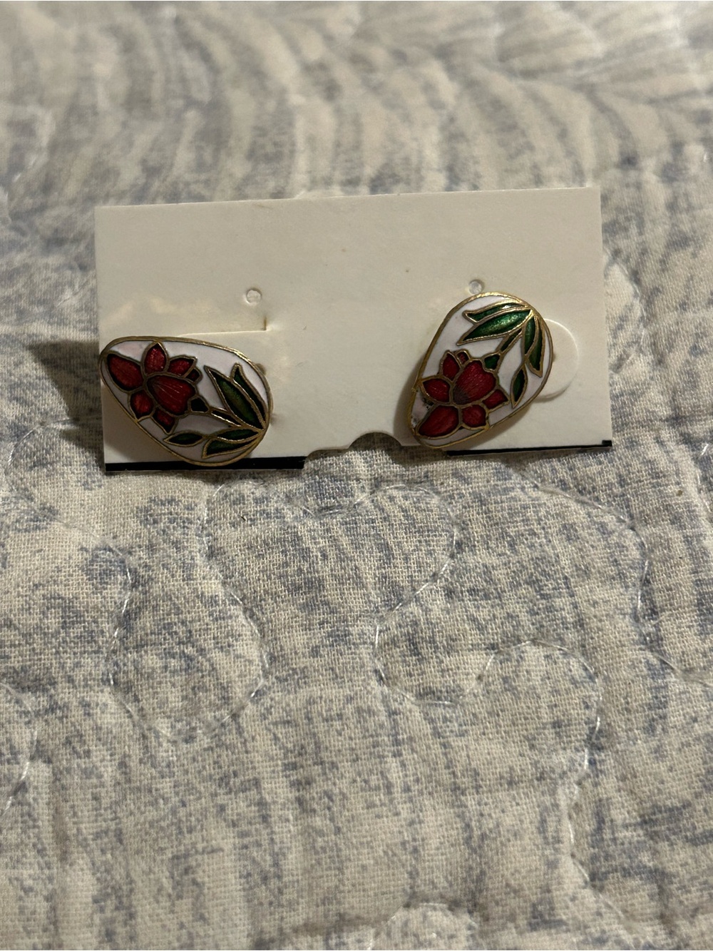 Floral Red and Green Enamel Teardrop Stud Earrings - Brand